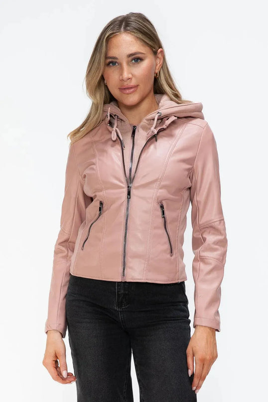 Snobbish Faux Leather Zip Up Drawstring Hooded Jacket - ShopEasier