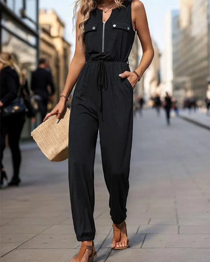 Half Zip Sleeveless Jumpsuit with Pockets - ShopEasier