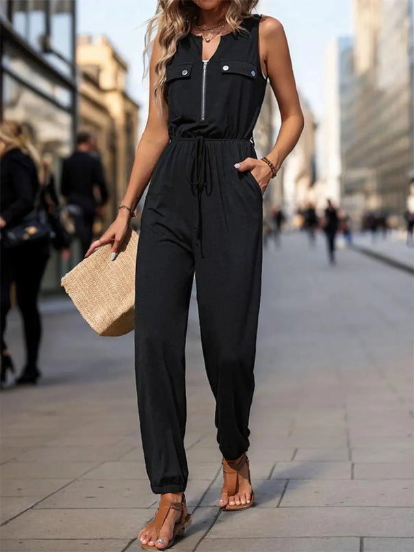 Half Zip Sleeveless Jumpsuit with Pockets - ShopEasier