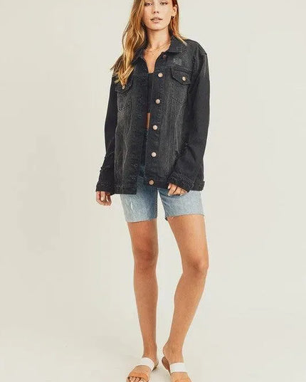 RISEN Full Size Distressed Long Sleeve Denim Jacket - ShopEasier