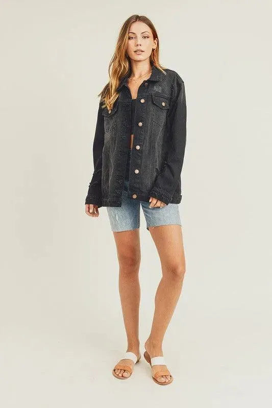 RISEN Full Size Distressed Long Sleeve Denim Jacket - ShopEasier