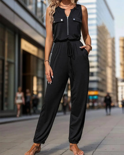 Half Zip Sleeveless Jumpsuit with Pockets - ShopEasier