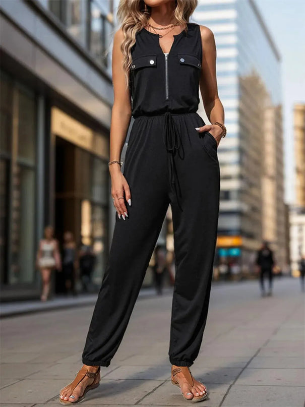 Half Zip Sleeveless Jumpsuit with Pockets - ShopEasier