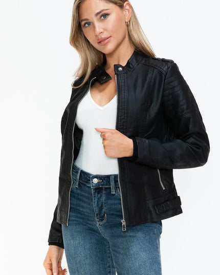 Snobbish PU Leather Biker Jacket with Side Zip Pockets - ShopEasier