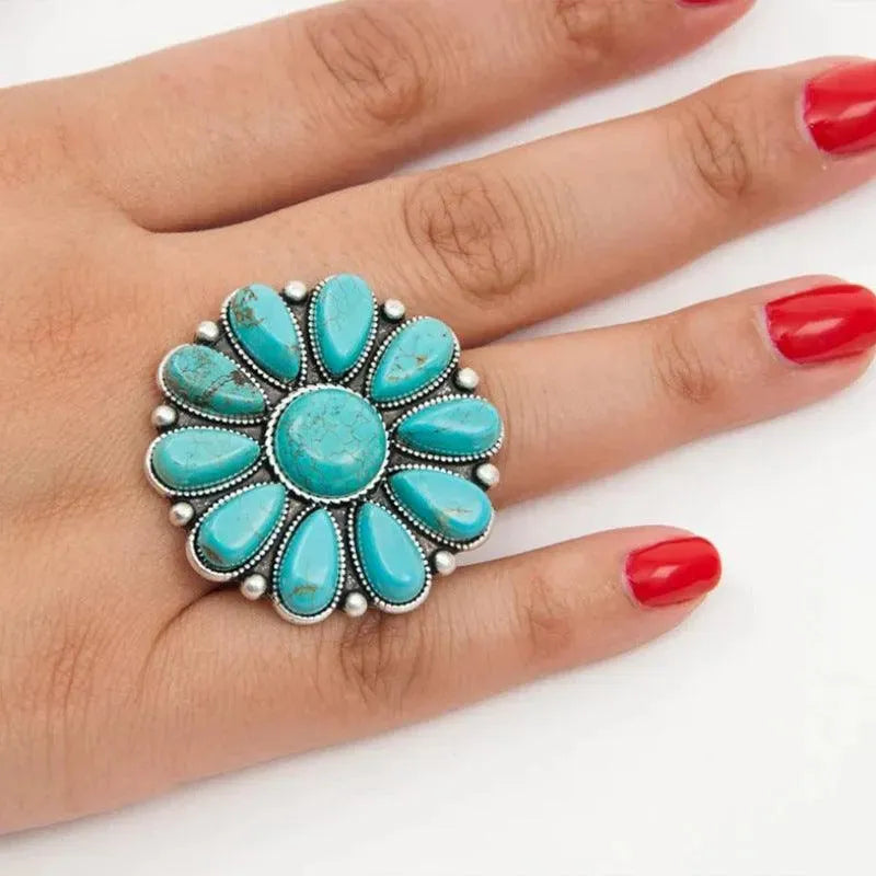 Artificial Turquoise Alloy Flower Ring - ShopEasier