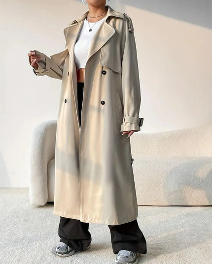 Button-Up Longline Trench Coat with Collared Neck and Long Sleeves