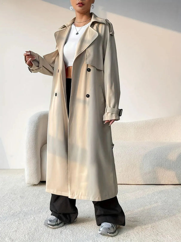 Button-Up Longline Trench Coat with Collared Neck and Long Sleeves