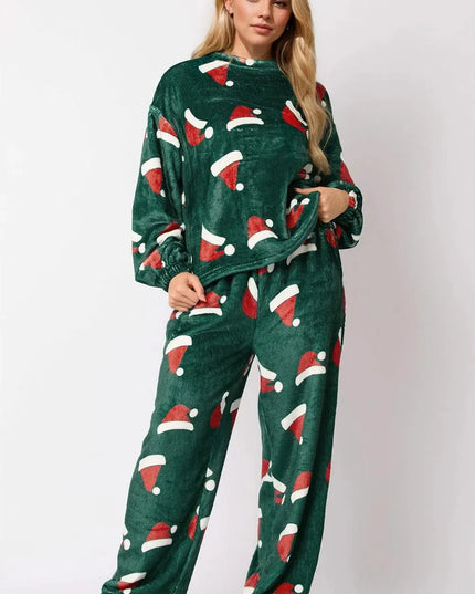 Christmas Hat Pattern Round Neck Long Sleeve Top and Pants Set