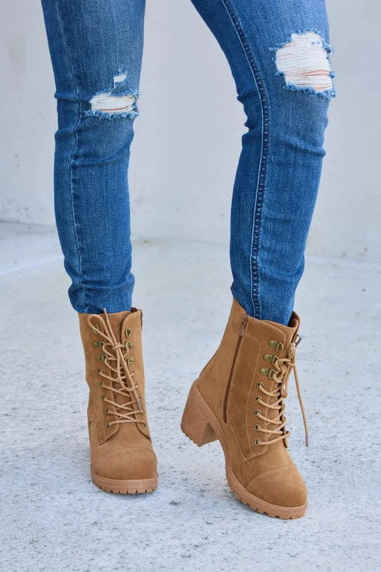 Forever Link Lace-Up Zipper Detail Block Heel Boots - ShopEasier