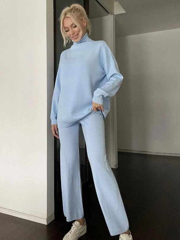 Turtleneck Long Sleeve Top and Drawstring Pants Sweater Set - ShopEasier