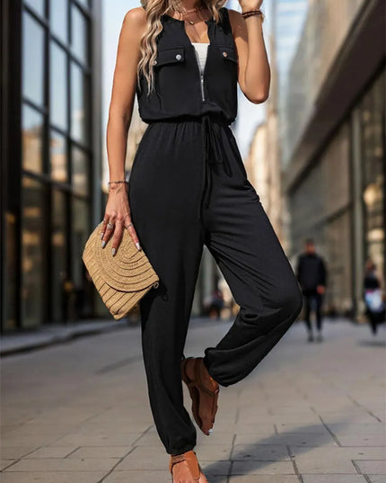 Half Zip Sleeveless Jumpsuit with Pockets - ShopEasier