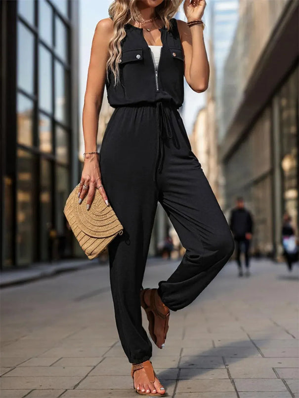 Half Zip Sleeveless Jumpsuit with Pockets - ShopEasier