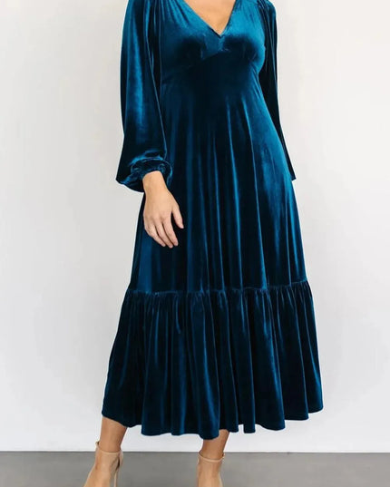 V-Neck Long Sleeve Midi Velvet Dress