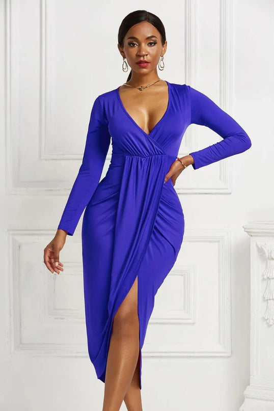 High-low Ruched Surplice Long Sleeve Dress