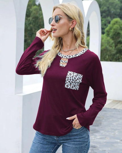 Leopard Print Cutout Long Sleeve Tee with Pocket