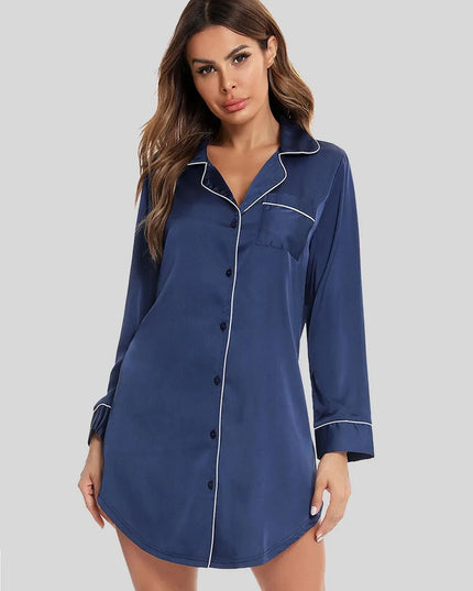 Button Up Lapel Collar Night Dress with Pocket