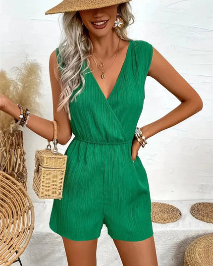 Textured Surplice Sleeveless Romper - ShopEasier