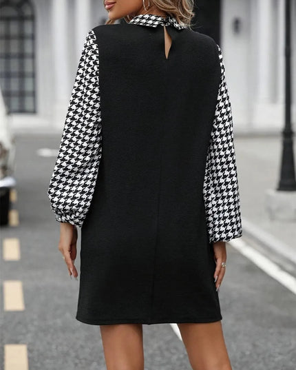 Houndstooth Collared Neck Long Sleeve Mini Dress