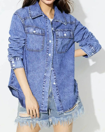 Curved Hem Collared Neck Denim Top - ShopEasier