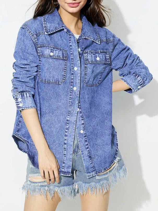 Curved Hem Collared Neck Denim Top - ShopEasier