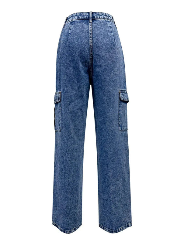 High Rise Straight Jeans with Cargo Pockets - ShopEasier