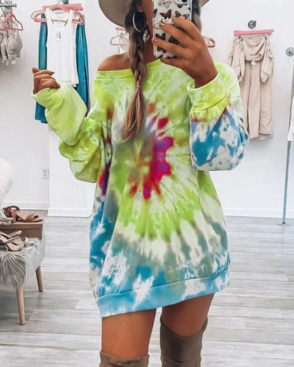 Vestido de manga larga con cuello redondo y efecto tie-dye de tamaño completo