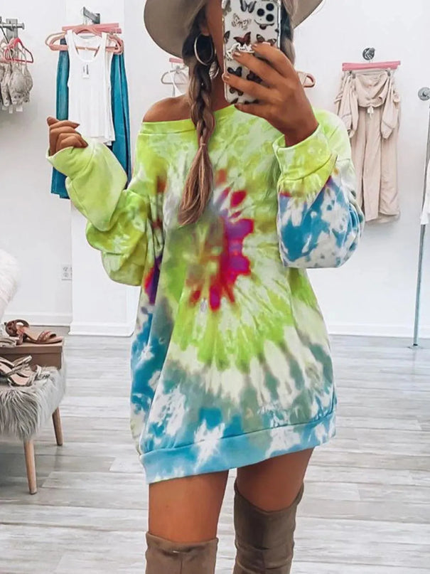 Vestido de manga larga con cuello redondo y efecto tie-dye de tamaño completo