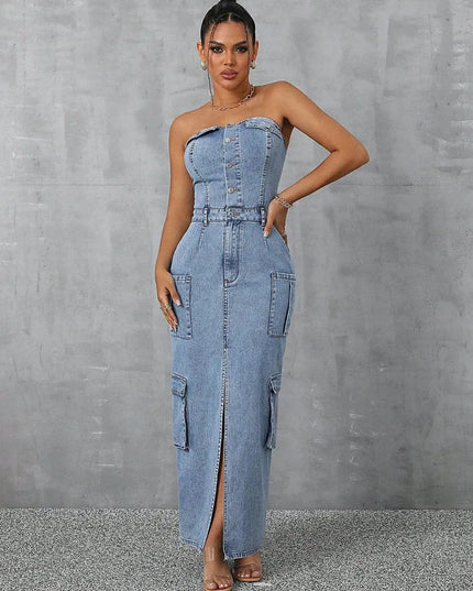 Slit Half Button Tube Denim Dress - ShopEasier