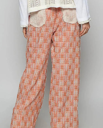 POL Lace Trim Drawstring Checkered Wide Leg Pants