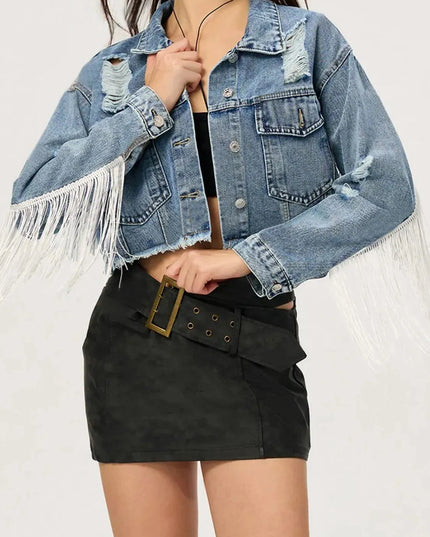 Distressed Fringe Collared Neck Cropped Denim Top