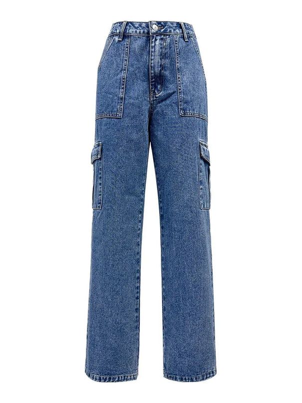 High Rise Straight Jeans with Cargo Pockets - ShopEasier