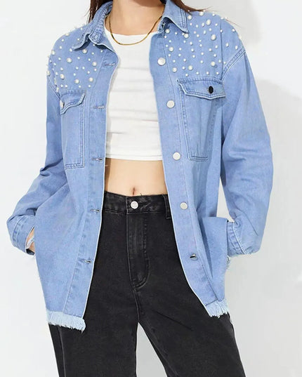 Raw Hem Pearl Trim Collared Neck Denim Top - ShopEasier