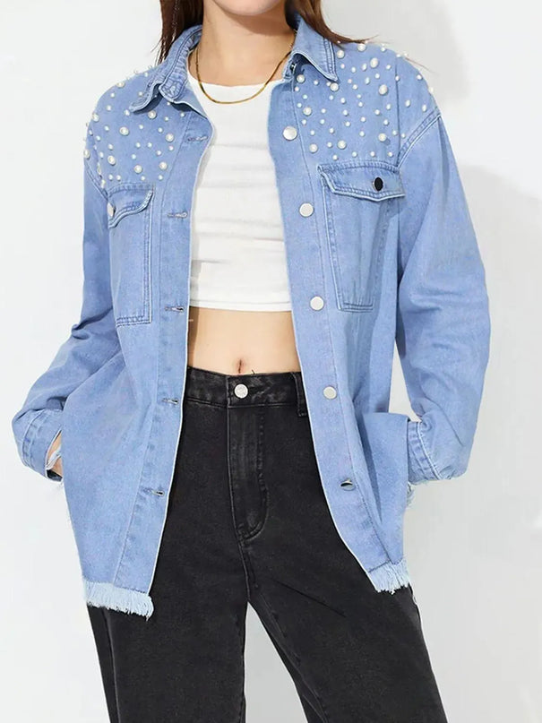 Raw Hem Pearl Trim Collared Neck Denim Top - ShopEasier