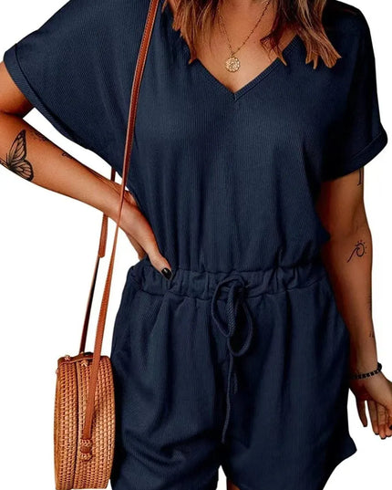 Full Size Drawstring V-Neck Short Sleeve Romper - ShopEasier