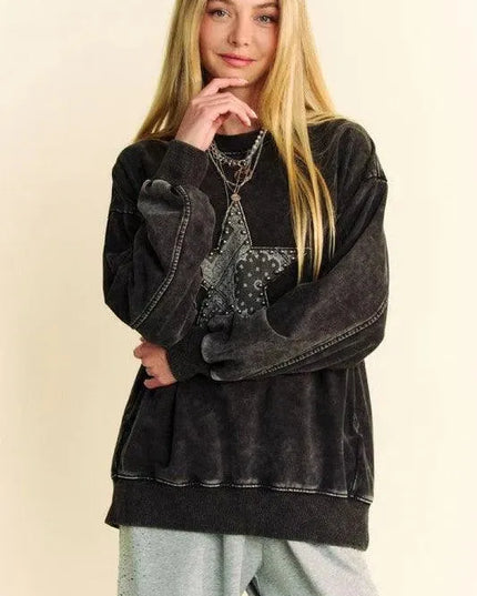 Acid-Washed Studded Star Patch Sweatshirt by Davi & Dani