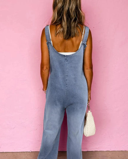 Wide Strap Denim Overalls with Pockets - ShopEasier