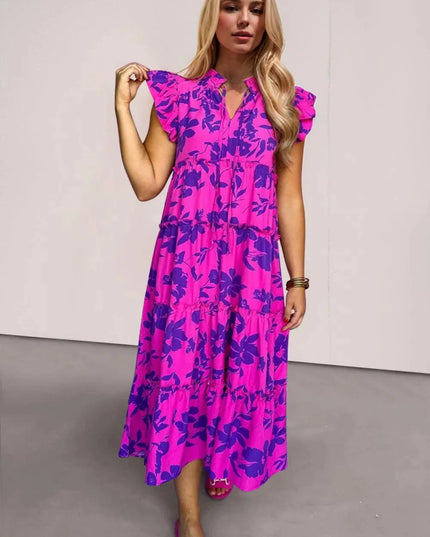 Oh Full Size Ruffled Printed Notched Cap Sleeve Midi Dress