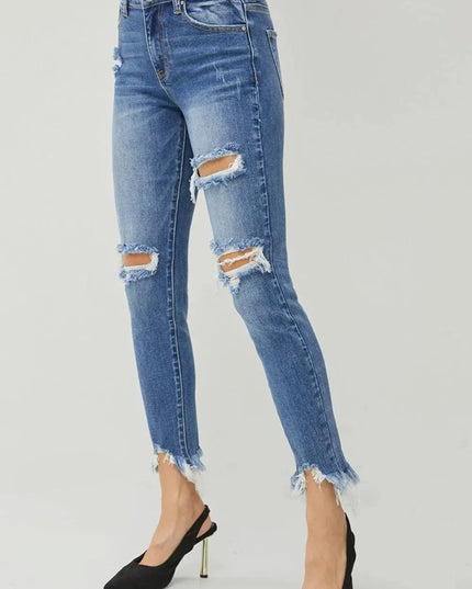 RISEN Distressed Frayed Hem Slim Jeans - ShopEasier