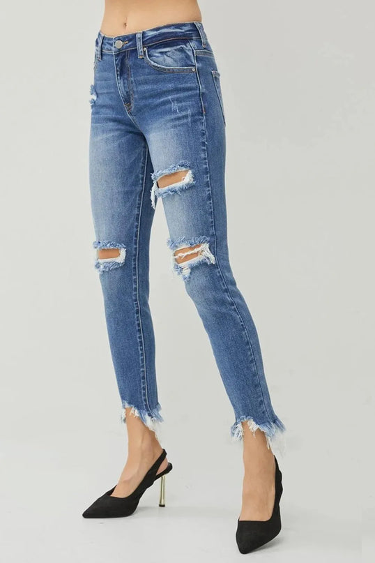 RISEN Distressed Frayed Hem Slim Jeans - ShopEasier