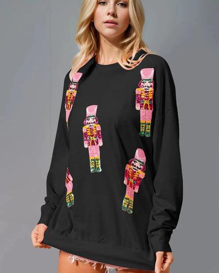 Double Take Sequin Nutcracker Round Neck Long Sleeve Sweatshirt - ShopEasier