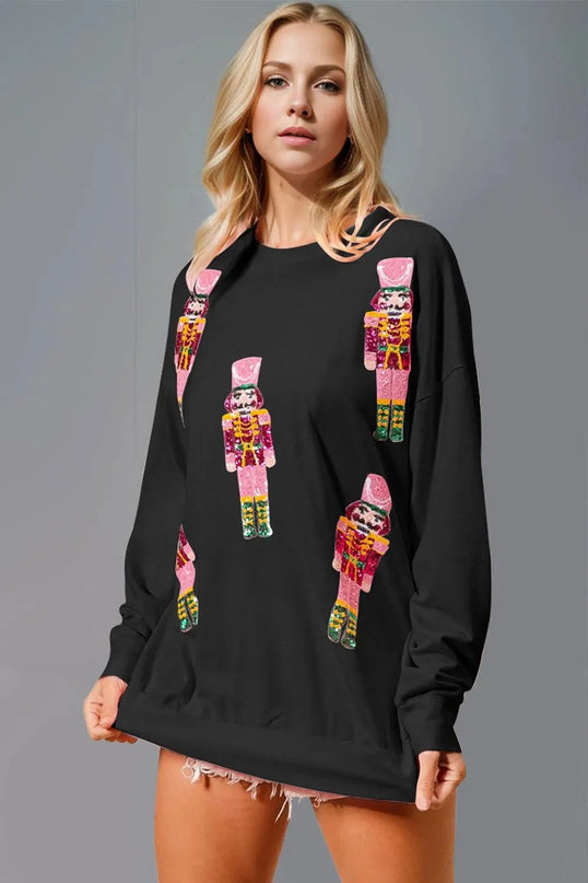 Double Take Sequin Nutcracker Round Neck Long Sleeve Sweatshirt - ShopEasier