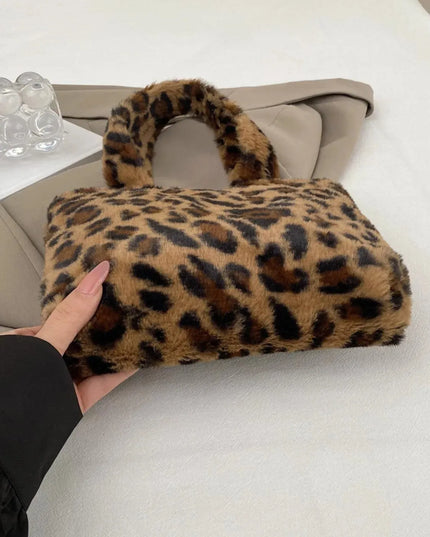 Leopard Print Fluff Zip-Up Handbag