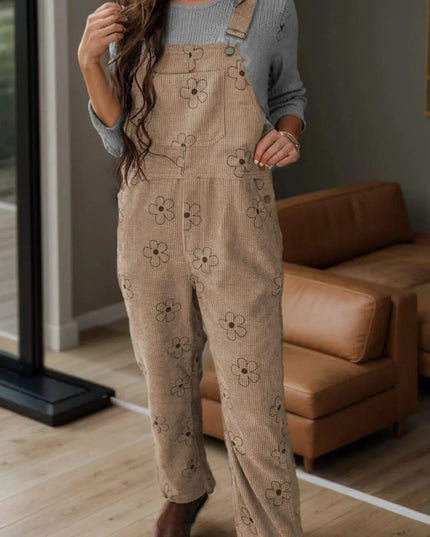 Flower Wide Strap Overalls with Pockets - ShopEasier