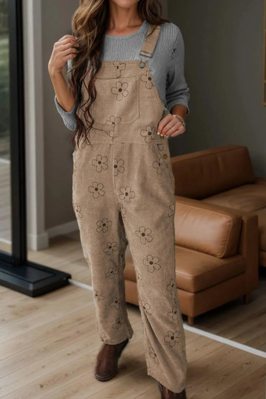 Flower Wide Strap Overalls with Pockets - ShopEasier