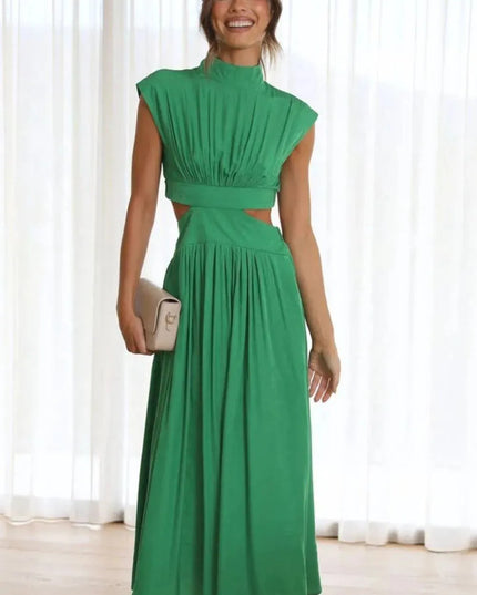 Cutout Mock Neck Sleeveless Ruched Dress