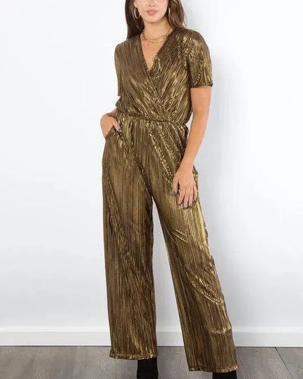 Be Stage Surplice Short Sleeve Pleated Foil Jumpsuit - ShopEasier