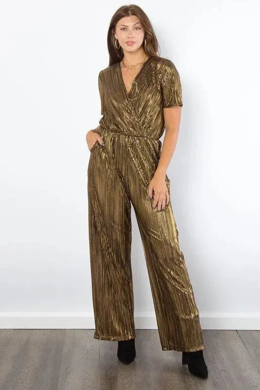 Be Stage Surplice Short Sleeve Pleated Foil Jumpsuit - ShopEasier