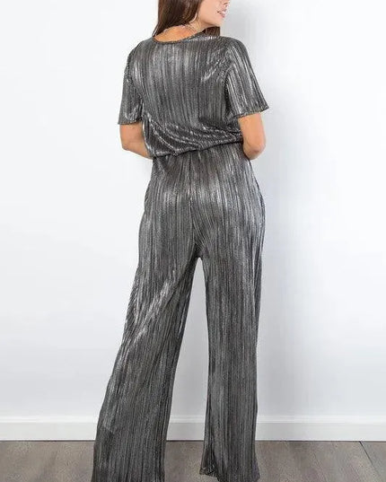 Be Stage Surplice Short Sleeve Pleated Foil Jumpsuit - ShopEasier