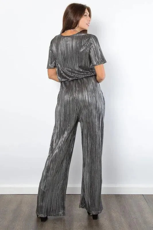 Be Stage Surplice Short Sleeve Pleated Foil Jumpsuit - ShopEasier