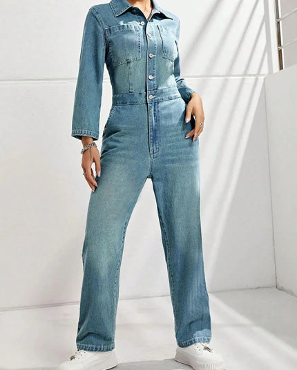 Half Button Long Sleeve Straight Leg Denim Jumpsuit - ShopEasier